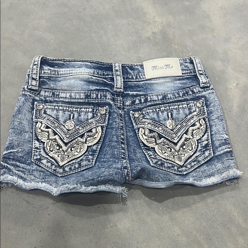 Miss Me Blue Denim Shorts with Embroidered Pockets